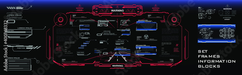 Gaming Futuristic user interface with set of elements for HUD, GUI, UI screen. High-tech video game screen with warning frame. Frames and Leader Elements