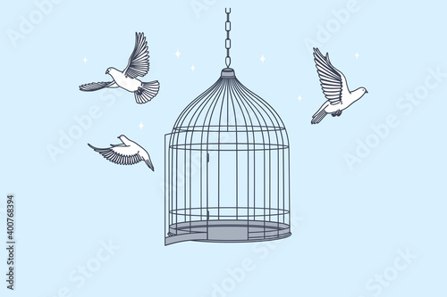 New opportunities, freedom, mental development concept. Open cage with flying from inside doves birds meaning getting freedom of mind and body illustration 