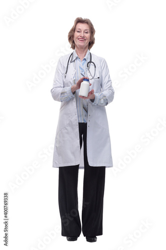 Confident doctor holding a pill bottle and introducing the properties of the painkiller.