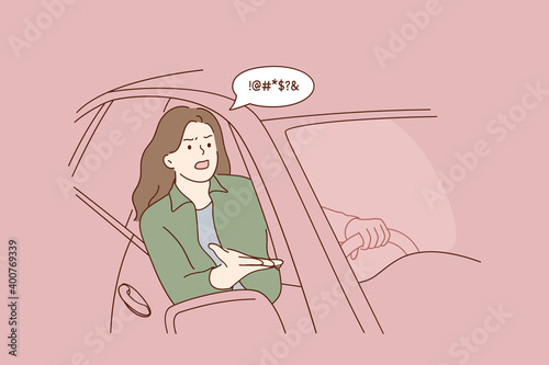 Quarrelling and negative emotions of car driver concept. Young angry woman driver cartoon character feeling dissatisfied and screaming on somebody from cars cabin window 