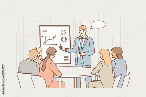 Business meeting, presentation, coaching concept. Group of young business workers partners sitting in office and listening to businessman colleague presentation on marketing data development 