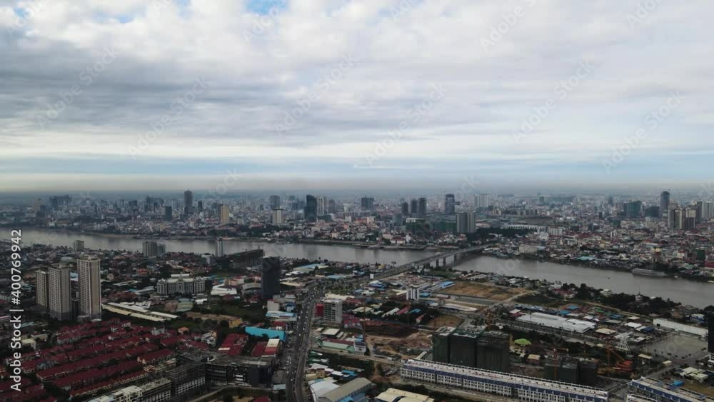 Phnom Penh city skyline and Chroy Changvar along the Mekong river in Cambodia, drone footage moving fowards 2-2 Phnom Penh city skyline and Chroy Changvar along the Mekong river in Cambodia, drone footage moving fowards 2-2