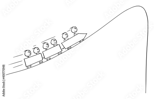 Vector cartoon stick figure illustration of group of people or businessmen riding on economical or financial roller-coaster facing depression, drop or crisis.