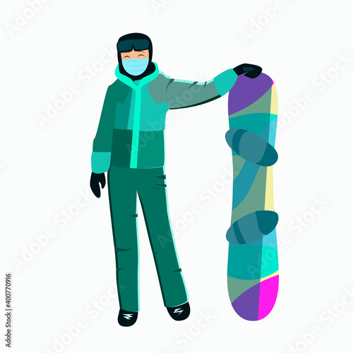 Girl snowboarder with a board for skiing in a mask