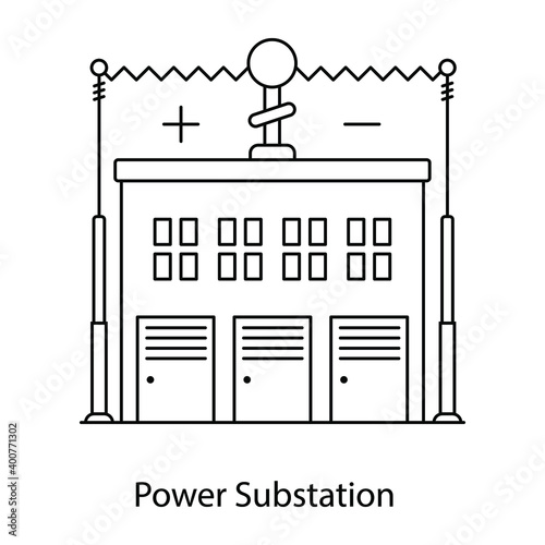 
Electrical transformer, flat outline icon of power substation 
