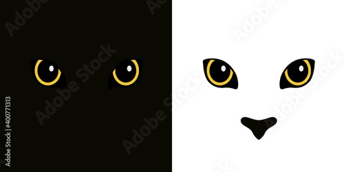 Cat or panther eyes isolated on black and white background. Vector illustration.
