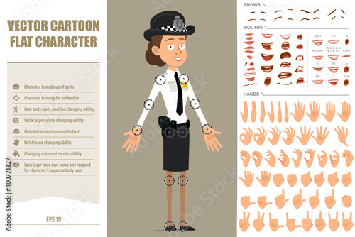 Cartoon flat funny british policeman woman character in black hat and uniform. Ready for animations. Face expressions, eyes, mouth and hands easy to edit. Isolated on gray background. Vector set.