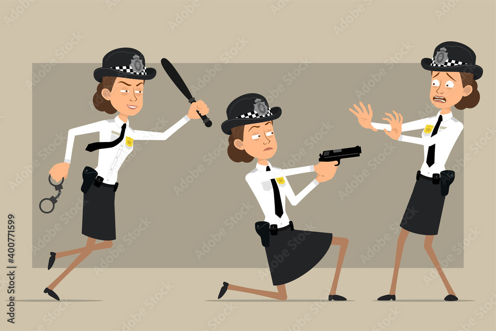 Cartoon flat british policeman woman character in black hat and uniform
