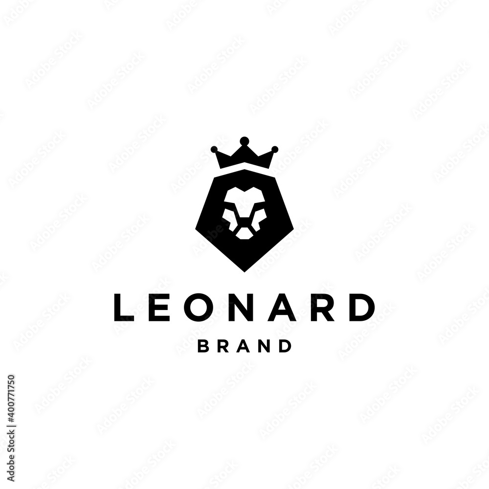 lion head logo design vector with crown, leo king modern symbol in Geometric style illustration
