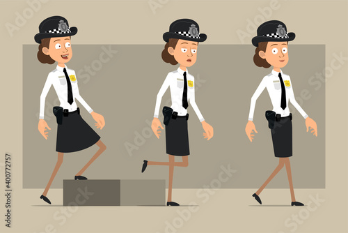 Cartoon flat funny british policeman woman character in black hat and uniform with badge. Successful tired girl walking up to her goal. Ready for animation. Isolated on gray background. Vector set.