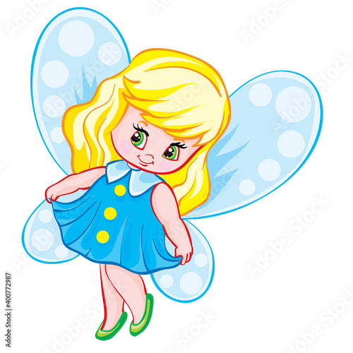 cute little fairy character with bare wings, cartoon illustration, isolated object on white background, vector illustration,