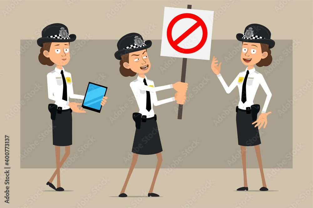 Cartoon flat funny british policeman woman character in black hat and uniform with badge. Girl holding smart tablet and no entry sign. Ready for animation. Isolated on gray background. Vector set.