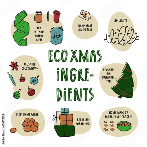 Tips for creating an eco-friendly Christmas. Hand drawn lettering. Christmas tree, garland, cookies, tangerines, postcard,  candies, balls, gifts. Vector isolated illustration on white background.