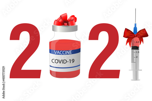 The year of the vaccine, 2021. The covid-19 pandemic vaccine concept will be available in 2021. Vector illustration of a syringe, needle, vaccine bottle and text.