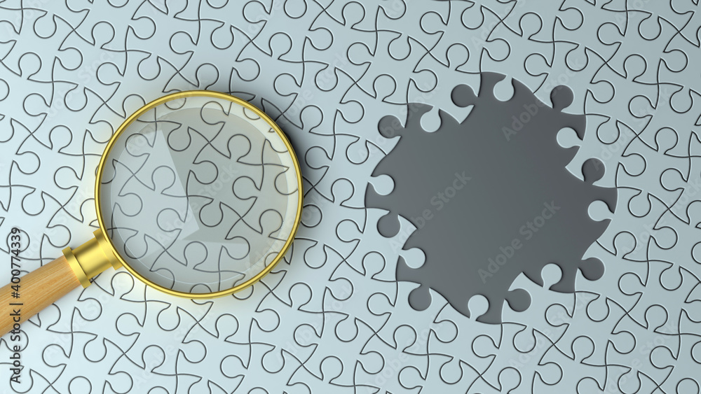 Puzzle concept with magnifying glass - obrazy, fototapety, plakaty 