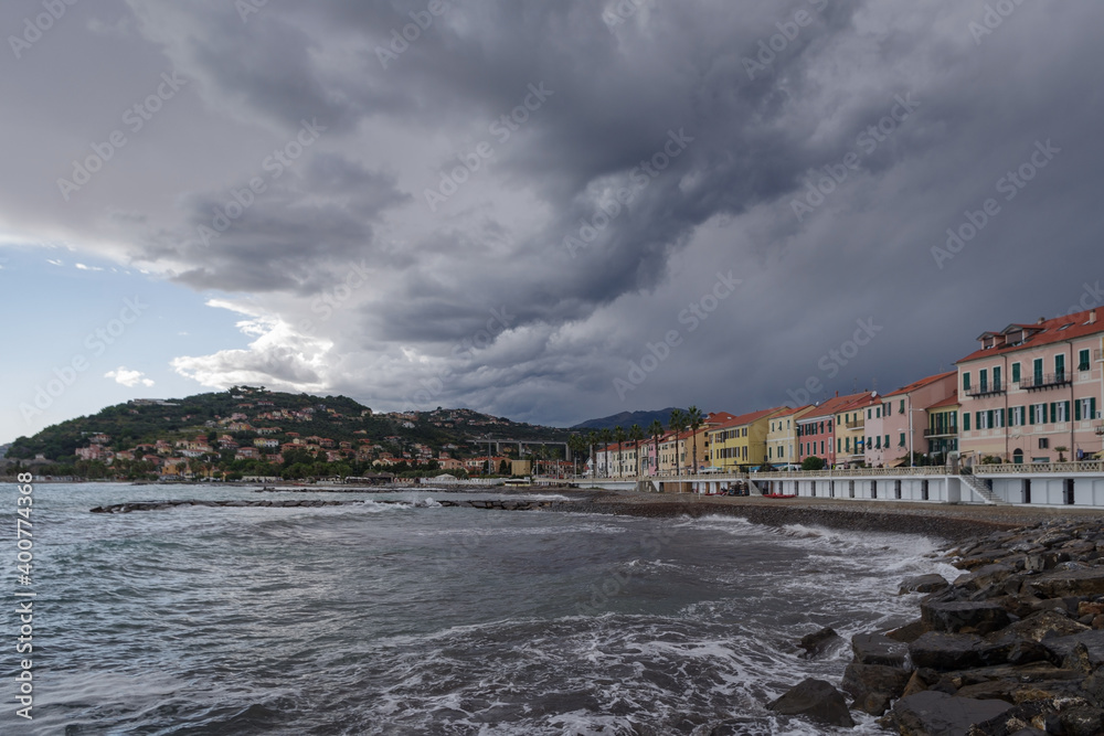Imperia old town in cloudy day over the Ligurian sea, Italian Riviera