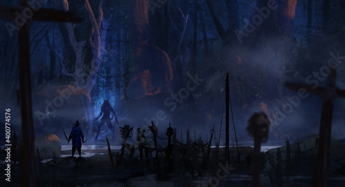 Photo Digital painting of an adventuring bounty hunter crossing paths with a dangerous