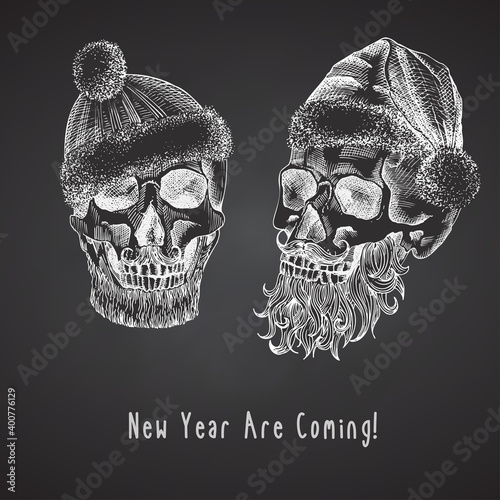 Set Hand drawn sketch human skull with santa hat and fur scarf. Chalk graphic Engraving art isolated on chalkboard background. Alternative Christmas and New Year vintage style. Vector illustration