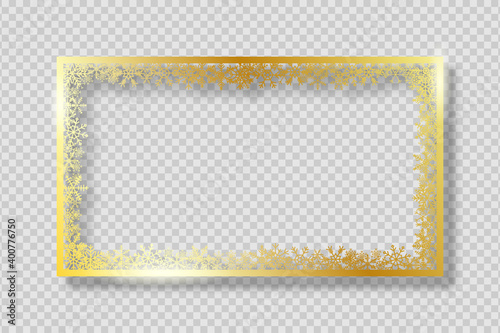 Gold frame with golden snowflakes. Banner for Merry Christmas and New Year text or photo. Golden rectangle border with gold snowflake on transparent background with shadow. Vector.