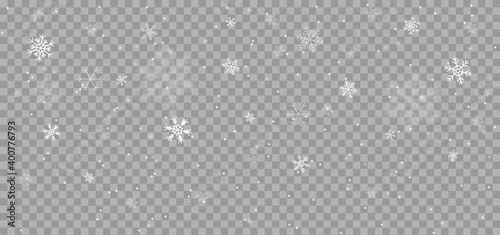 Falling snowflakes at transparent background. Snowfall illustration with snowflakes in different shapes and forms. Falling snow. Vector.