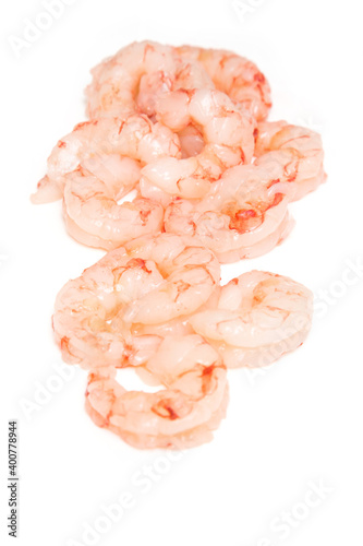 Raw peeled Argentinian Red Shrimp isolated on a white studio background.