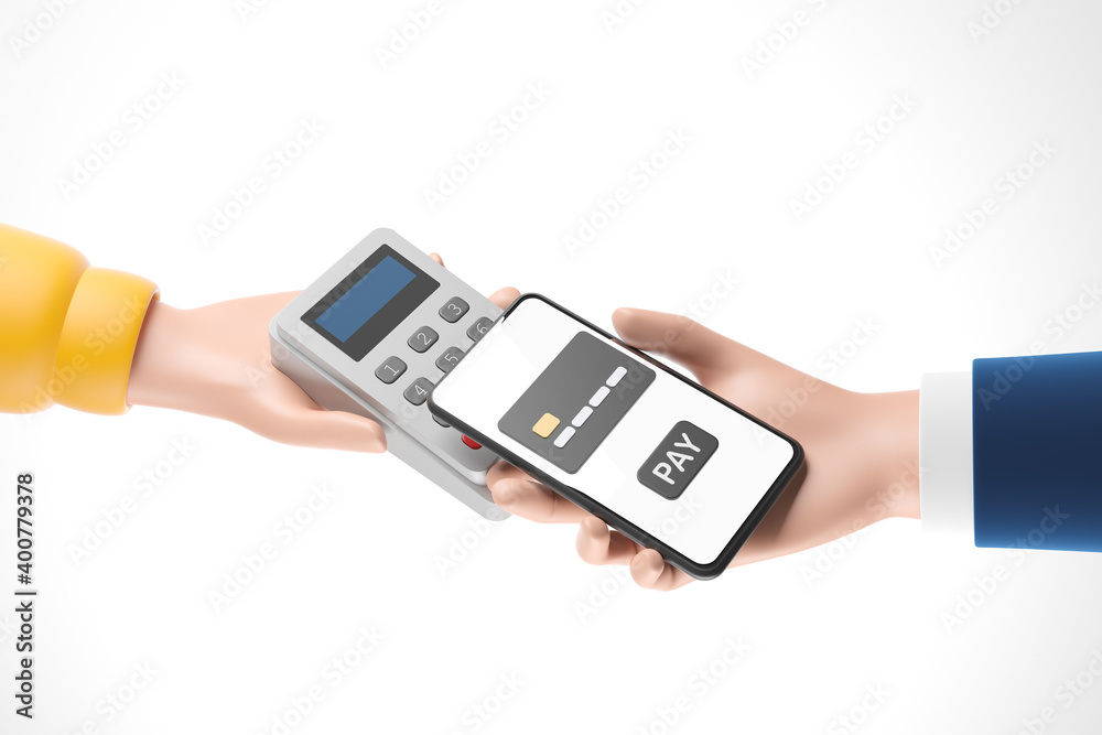 Cartoon businessman hand with smartphone  paying using NFC technology and pos payment terminal isolated over white background. Closeup hands of mobile payment.