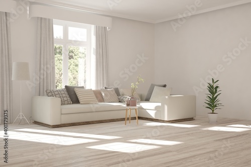 White living room with sofa. Scandinavian interior design. 3D illustration