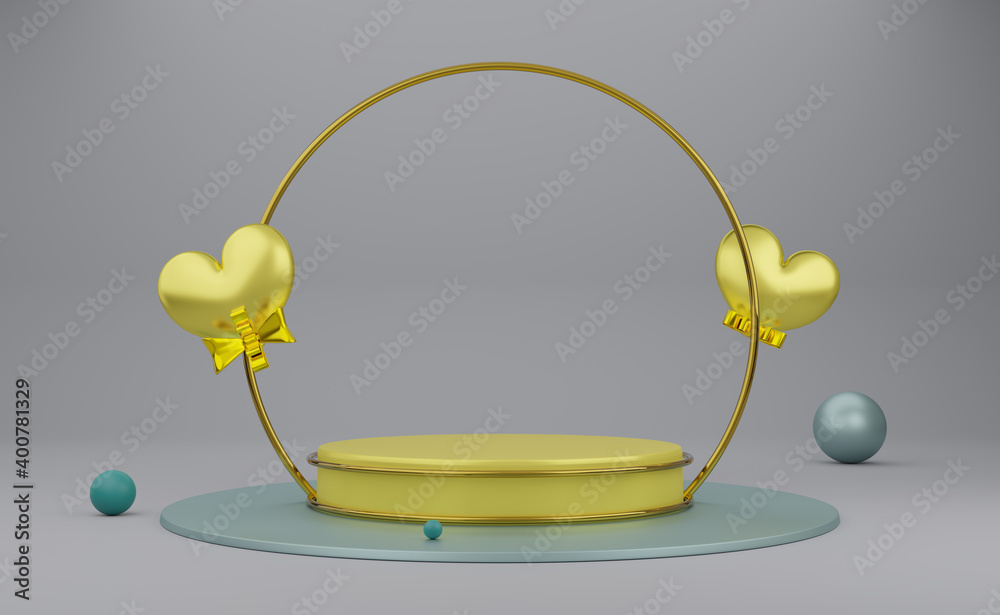 Podium empty with yellow heart shapes in gray composition for modern stage display and minimalist mockup ,valentine's day background ,Concept 3d illustration or 3d render