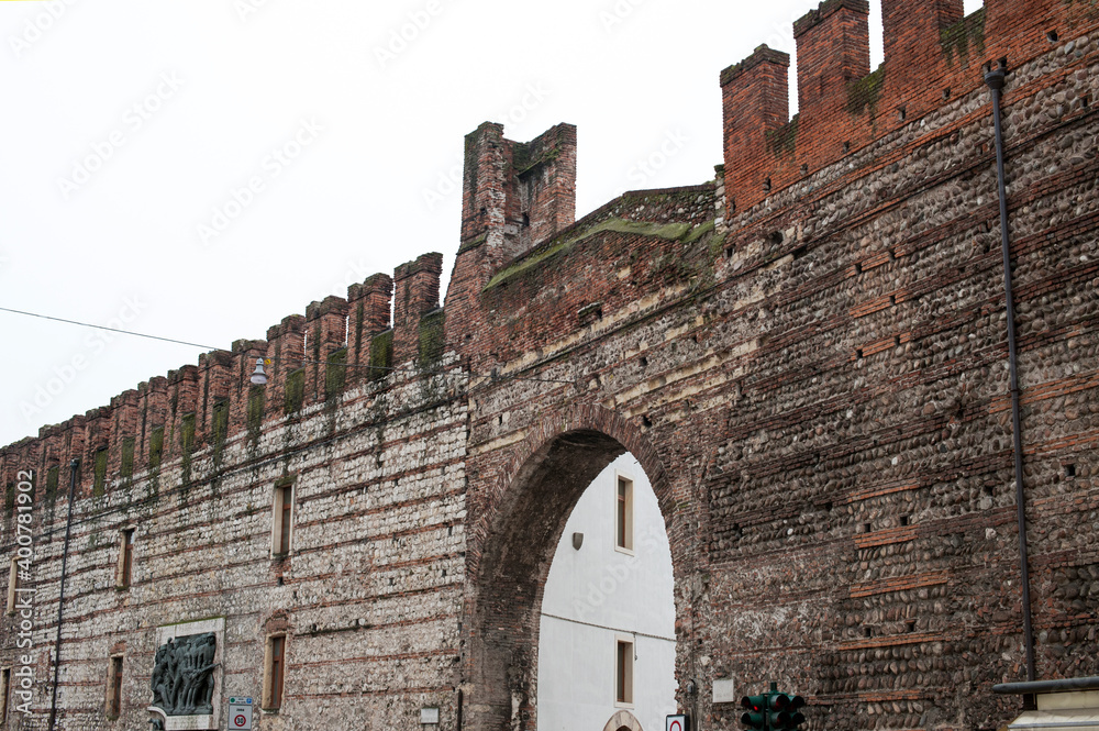 Detail of the ancient Habsburg city walls called Mura Comunali in the old town of Verona, Veneto, Italy