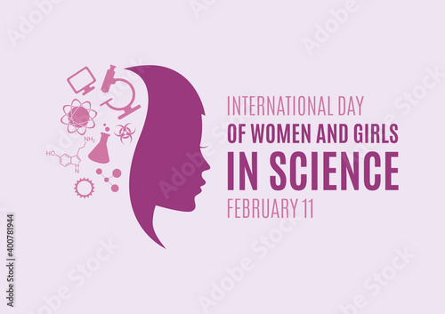International Day of Women and Girls in Science vector. Science icon set vector. Young woman face profile purple silhouette vector. Important day