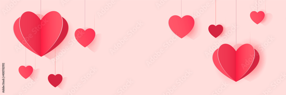 Hero web banner with decoration of hanging paper hearts.