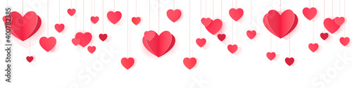Seamless web banner of hanging paper hearts for website header decor and package design.