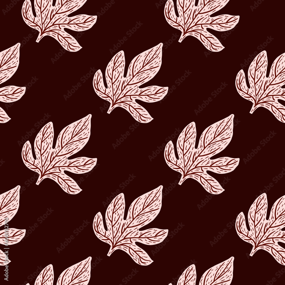 Creative seamless pattern with botanical fall foliage ornament. Light grey leaves on maroon background. Creative seamless pattern with botanical fall foliage ornament. Light grey leaves on maroon background.