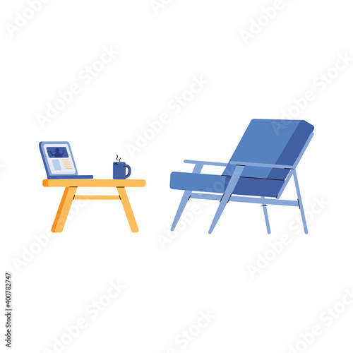 Cozy indoor work place - office table with laptop, recline chair and cup of coffee isolated on white background. Vector illustration of home workplace.