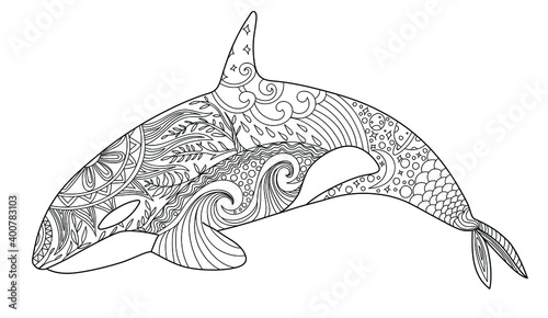 Whale coloring page. Adult anti-stress coloring book. Zentangle. Killer whale photo