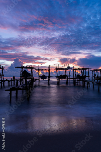 Morning view before sunrise Fishing boat s harbor service at Bang Hoi Beach  Songlkhla  Thailand.