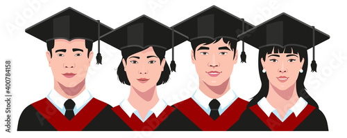 Asian college girls and boys - students, university graduates in graduation cap and gown set. Commencement ceremony. Vector illustration.