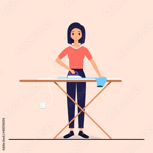 vector illustration of woman ironing clothes on the table.