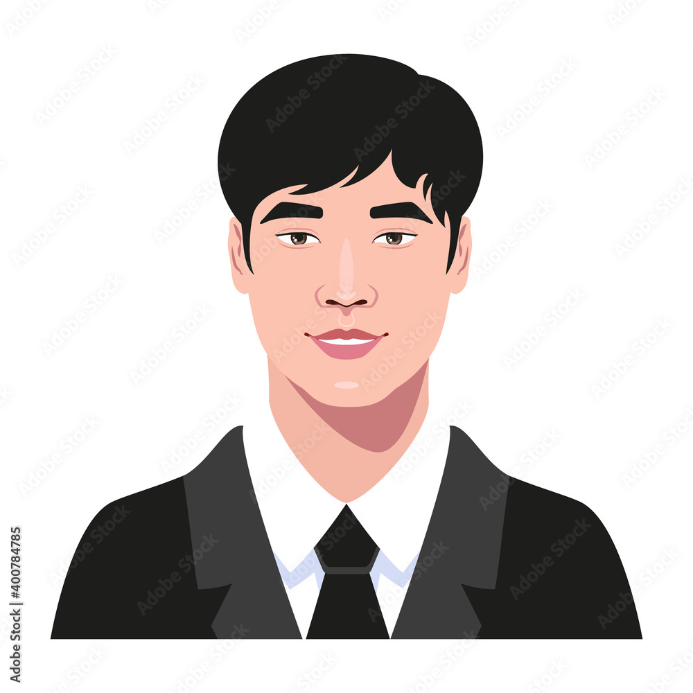 Young handsome Asian guy in a business suit avatar. Smiling young man portrait. Vector Illustration. Young handsome Asian guy in a business suit avatar. Smiling young man portrait. Vector Illustration.