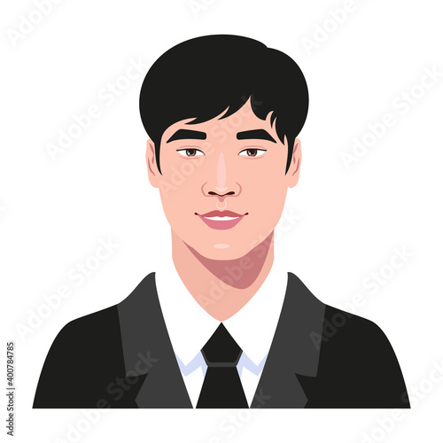 Young handsome Asian guy in a business suit avatar. Smiling young man portrait. Vector Illustration.