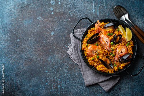 Photography Traditional Spanish seafood paella