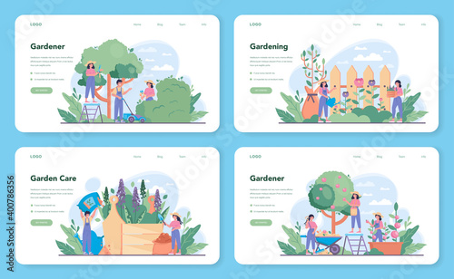 Gardener web banner or landing page set. Idea of horticultural designer business