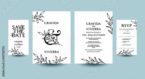 Floral illustration line art design. Wedding card invitation  ampersand lettering. Vintage theme vector illustration.
