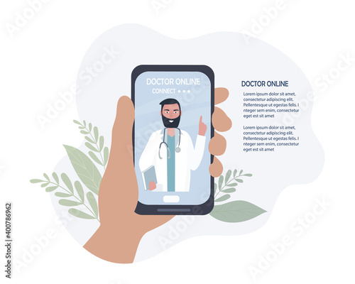 The doctor on the cell phone screen talks online with the patient. Video communication and messages. Medical consultations, exams, treatment, services, health care, conferences online. for clinic webs