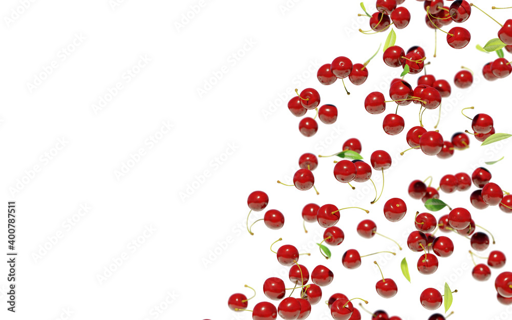 Falling Cherries Fruit Background. Copy Space.