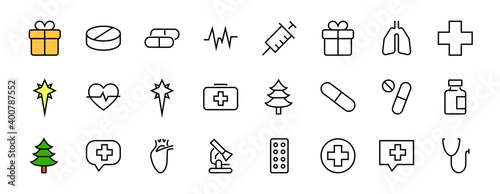 A simple set of medicine ICONS, contains medicine icons, pills, related vector line icons. thin lines, pain, syringe, lungs, microscope, cardiogram, virus and much more. Editable stroke.