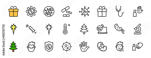 CORONAVIRUS A set of icons on the theme of coronavirus, contains icons such as an antiseptic, handwashing, masks, bacteria, sneezing, temperature, virus, thin lines, editable stroke, vector