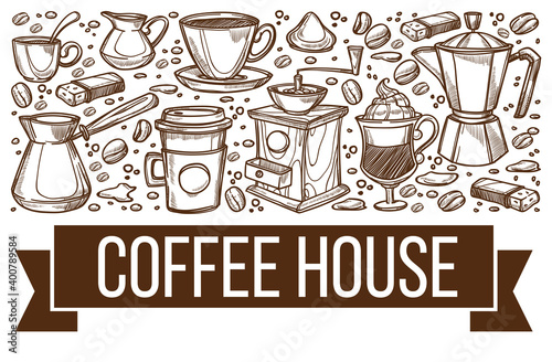 Coffee house banner with cups and cezve, cafe