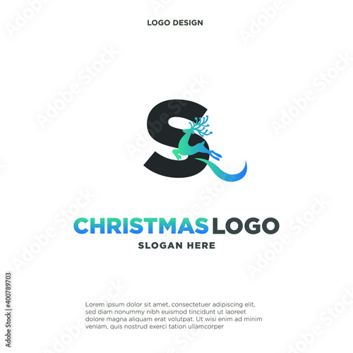 Deer Logo. Blue Shape Initial Letter S with Negative Space Jumping Deer Silhouette inside isolated on Grey Background. Flat Vector Logo Design Template Element.