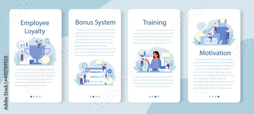 Employee loyalty mobile application banner set. Staff management,